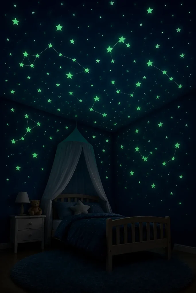 Glow-in-the-dark stars and constellations shining on the ceiling and walls of a dark toddler room.