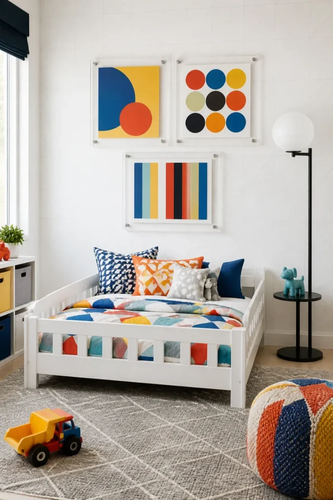 Bold art prints in clear acrylic frames hanging on a white wall in a modern toddler room.