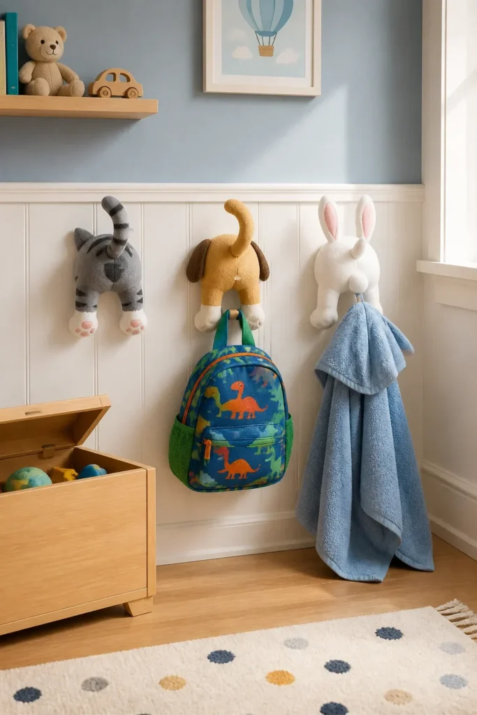 Plush animal tail hooks hanging at a low height on a light blue wall in a toddler's room.