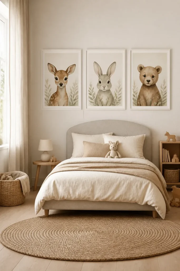 Soft watercolor baby animal portraits in white frames on a warm white wall in a toddler's room.