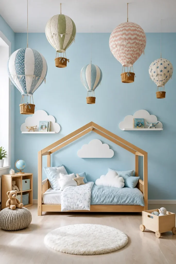 Whimsical 3D hot air balloon models hanging at different heights in a sky-blue toddler room.