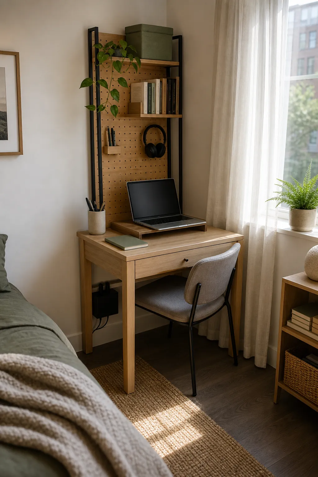 Small apartment corner desk by a window with floating shelves and hidden cable storage