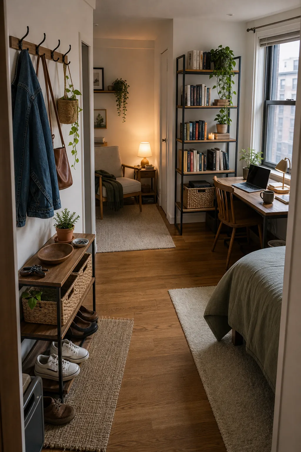Small apartment with functional corners for storage, desk work, reading, and decor