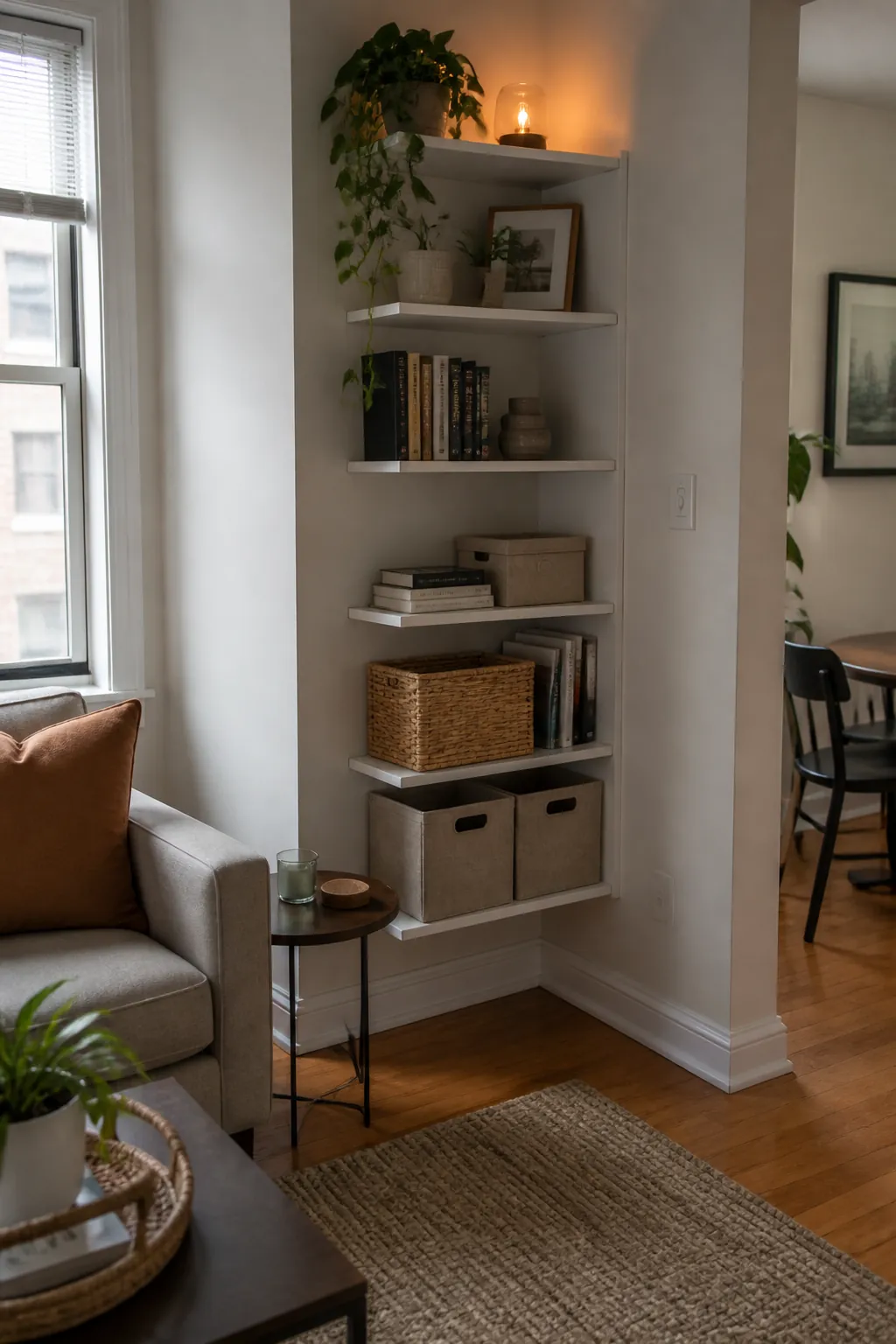 Tall corner shelves in a small apartment with baskets, books, plants, and balanced open storage