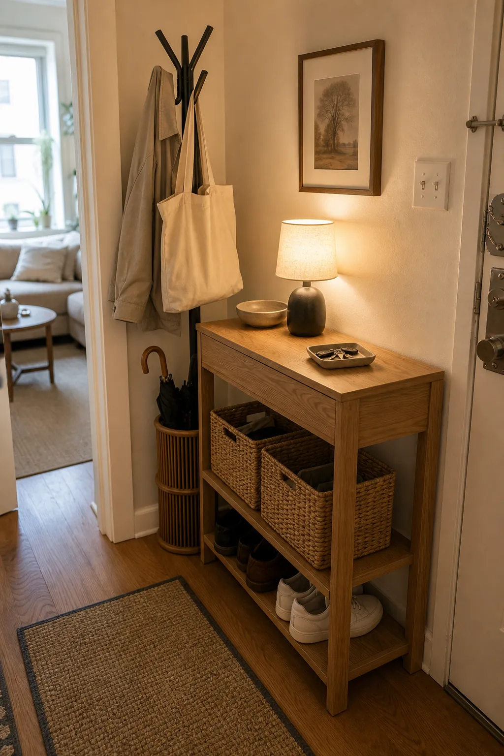 Small apartment entry corner storage with a slim console, woven baskets, hooks, and warm light