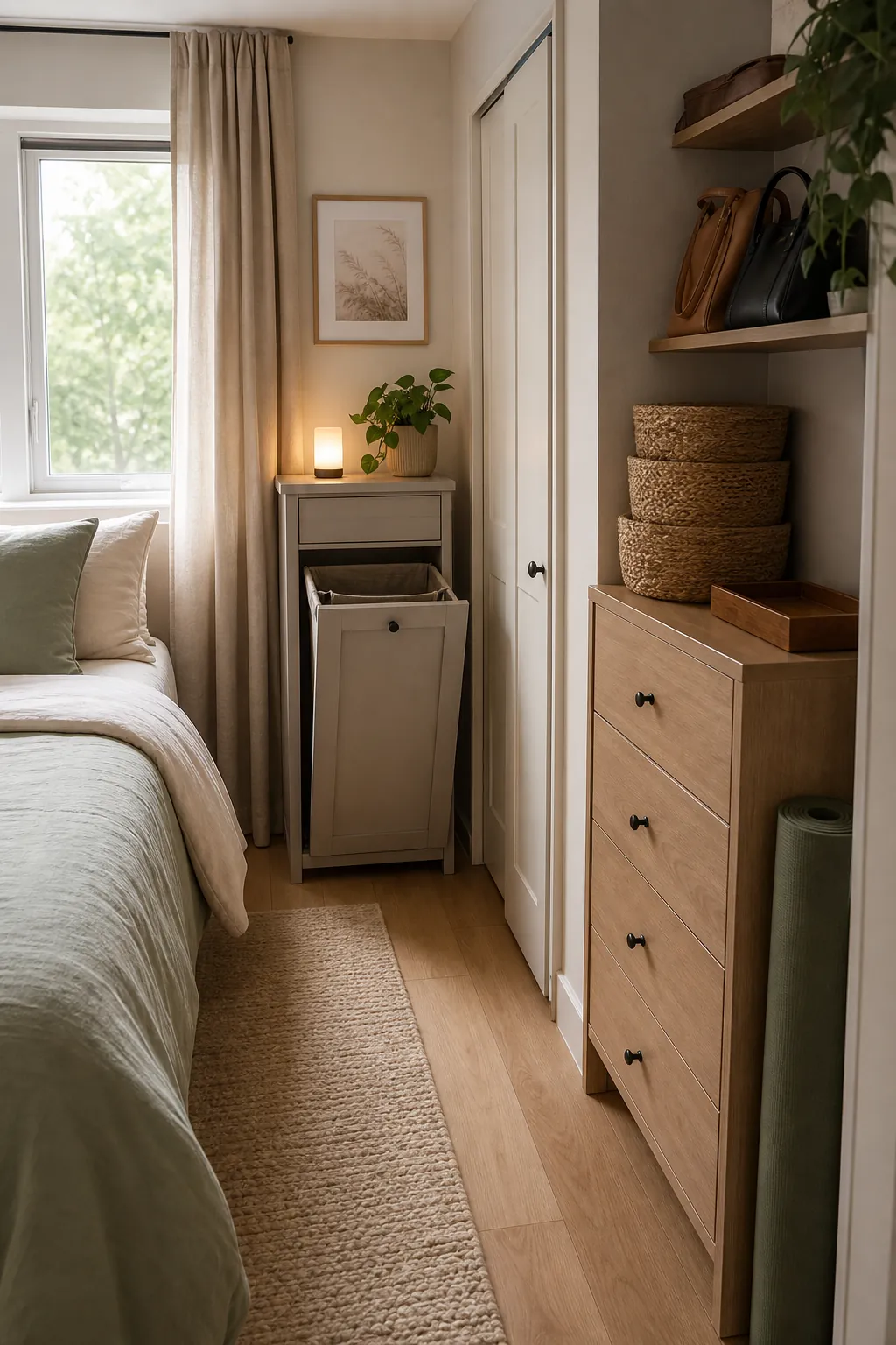 Small apartment bedroom corner with closed storage for bags, laundry, and small accessories