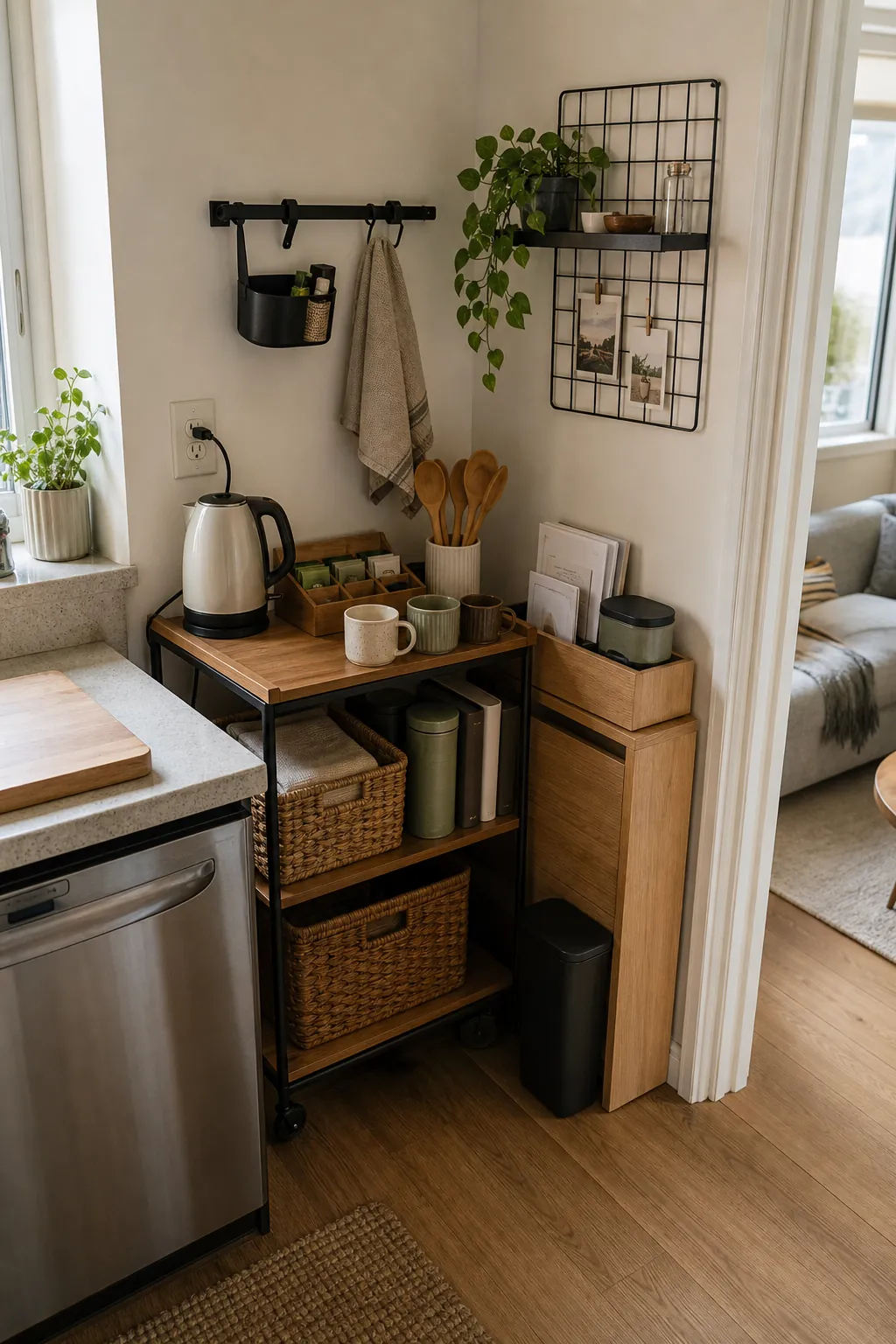 Small apartment kitchen corner command center with a narrow cart, pantry baskets, mugs, and tidy counter storage