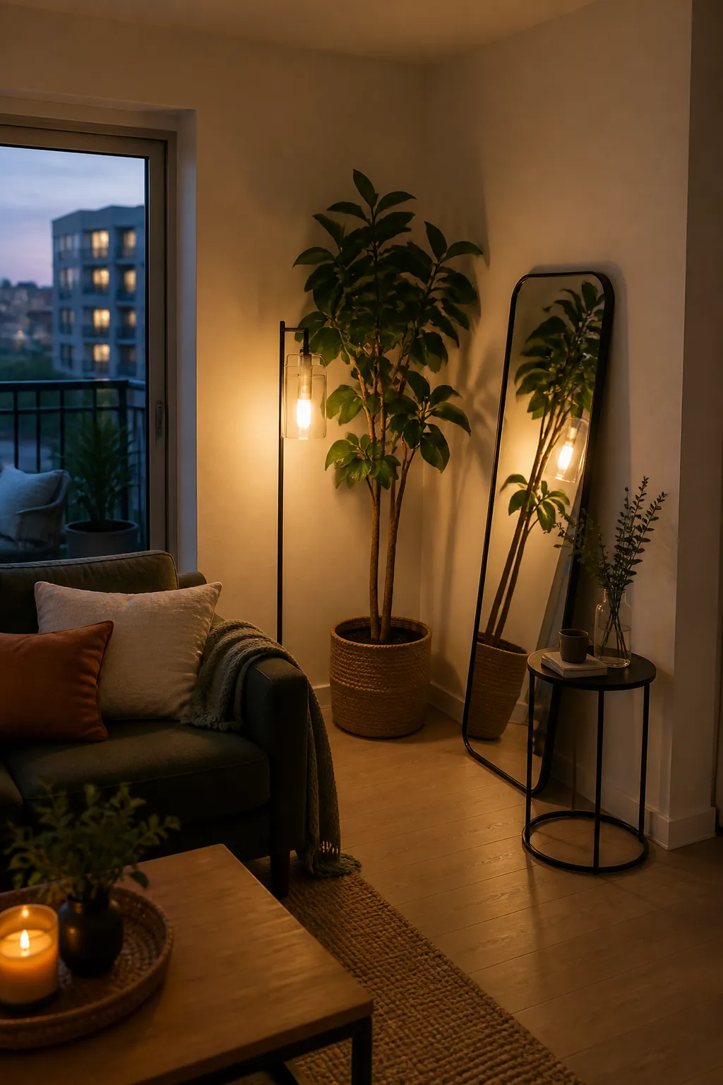 Small apartment living room corner with a tall plant, warm floor lamp, leaning mirror, and open floor space