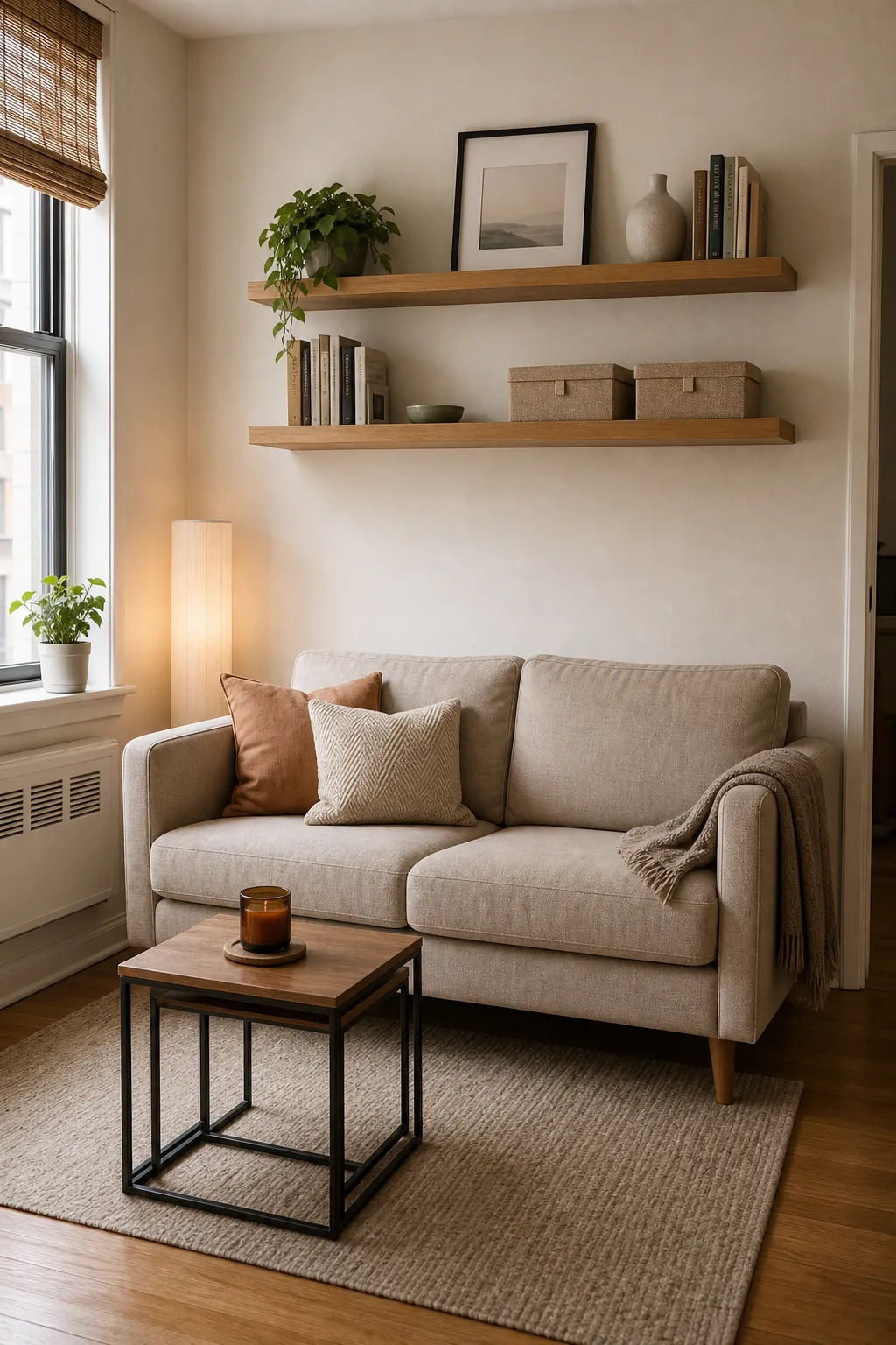 Floating shelves above a small apartment sofa with decor and storage but no floor clutter
