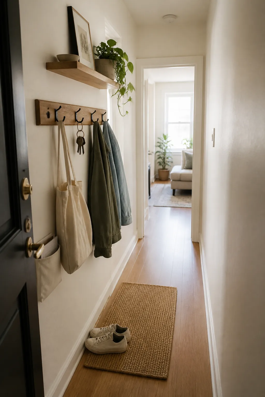 Small apartment entryway with wall hooks and vertical storage that saves floor space
