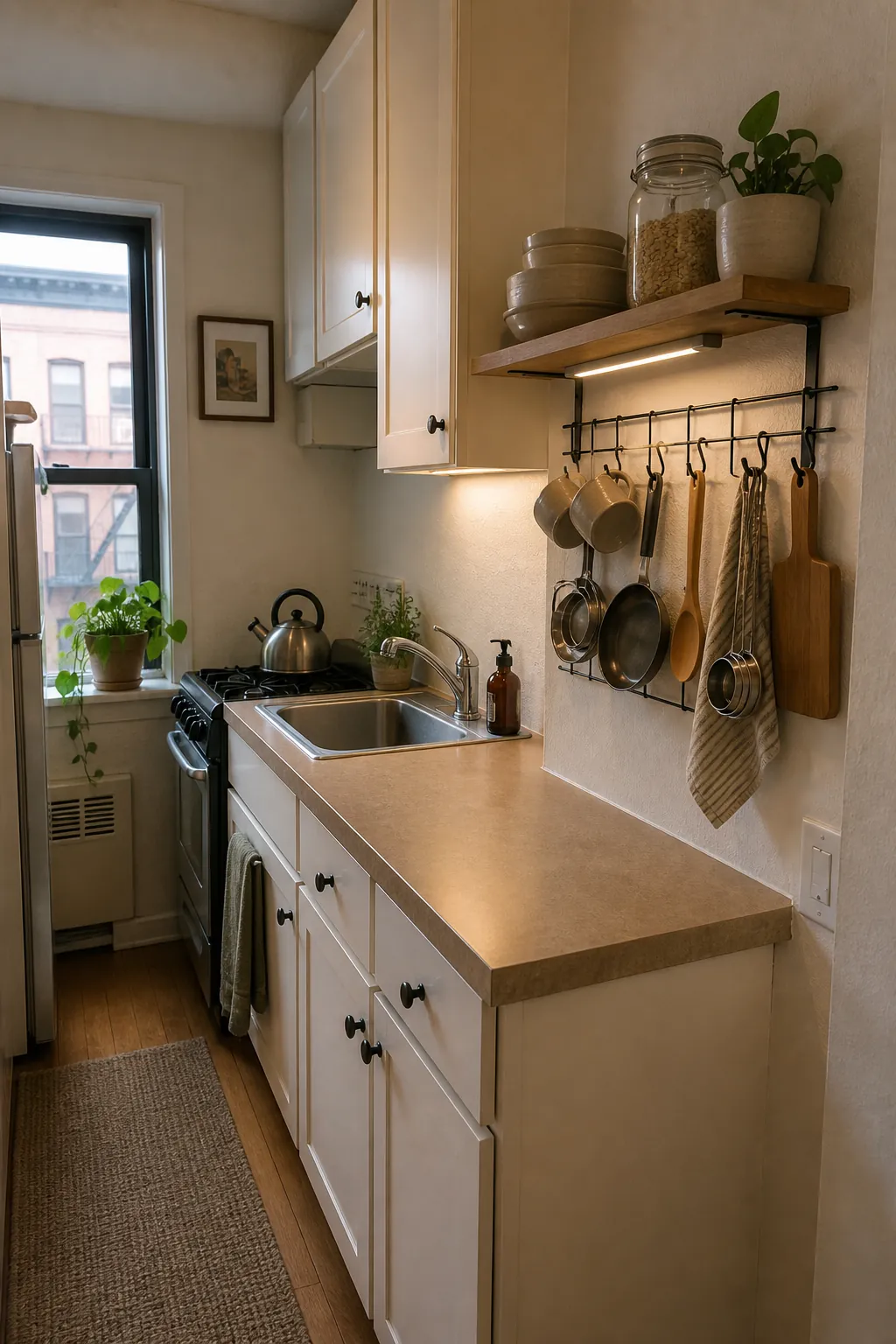 Small apartment kitchen with vertical storage peg rail and wall mounted decor