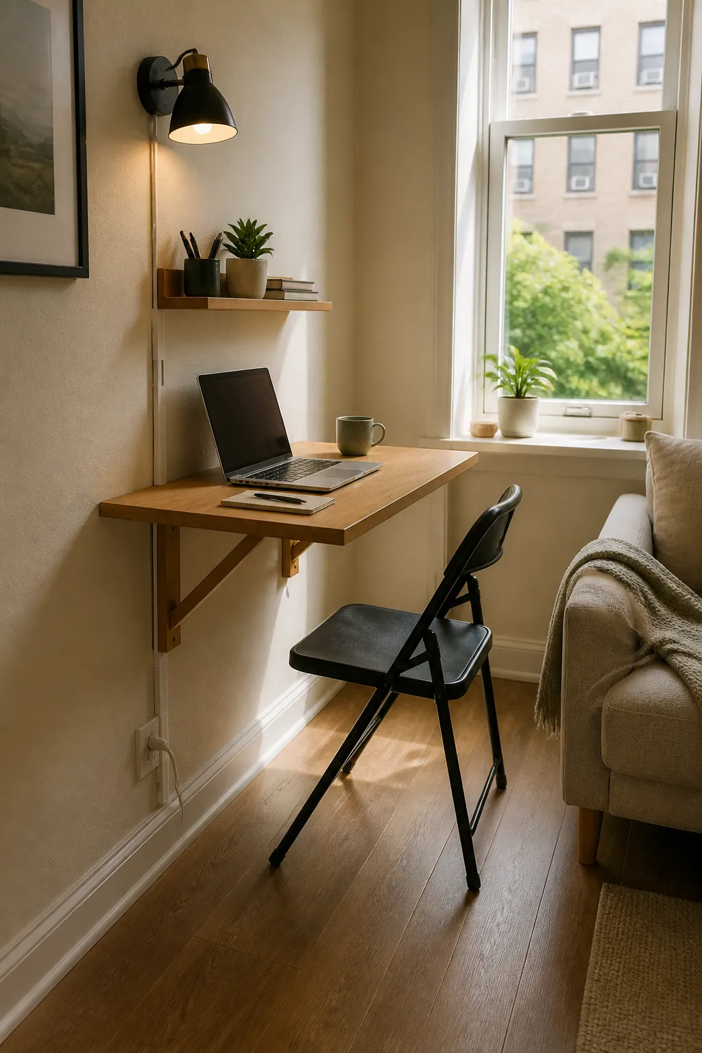 Wall mounted folding desk in a small apartment home office with no wasted floor space