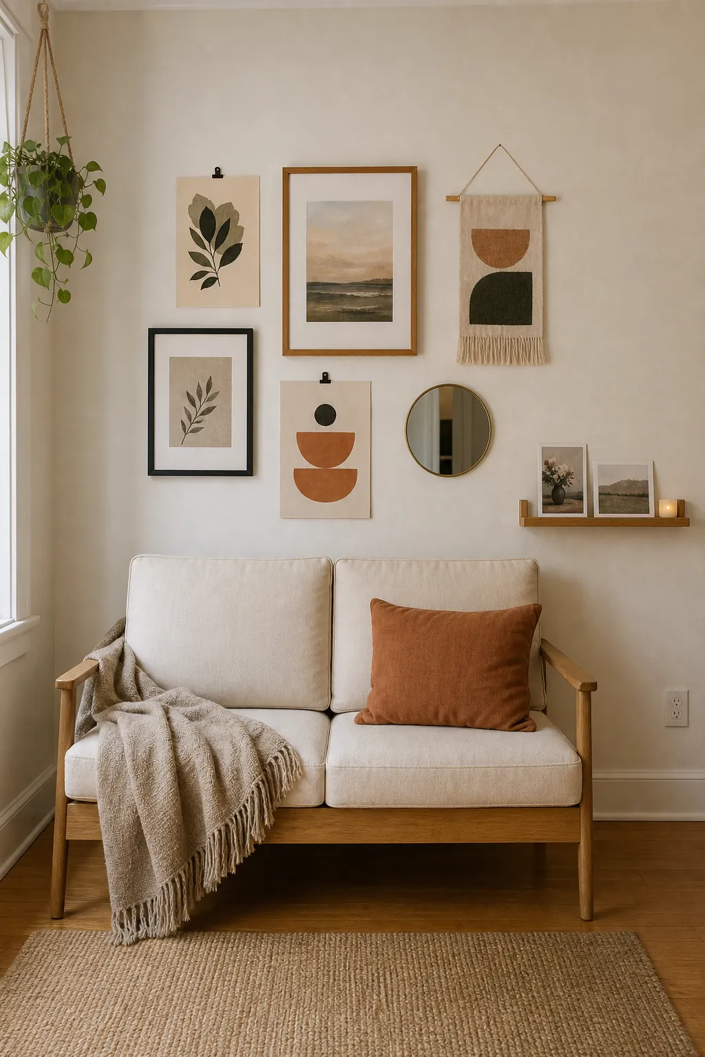Renter friendly wall decor in a small apartment using lightweight art and removable strips