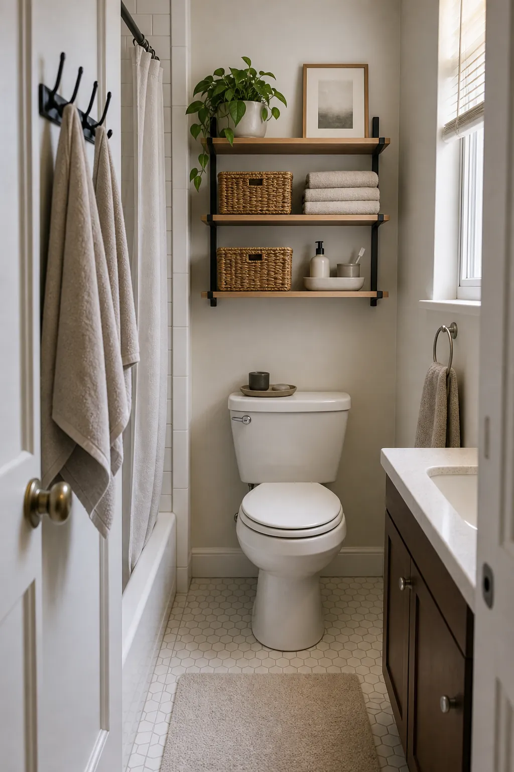 Small apartment bathroom with over toilet vertical storage and baskets