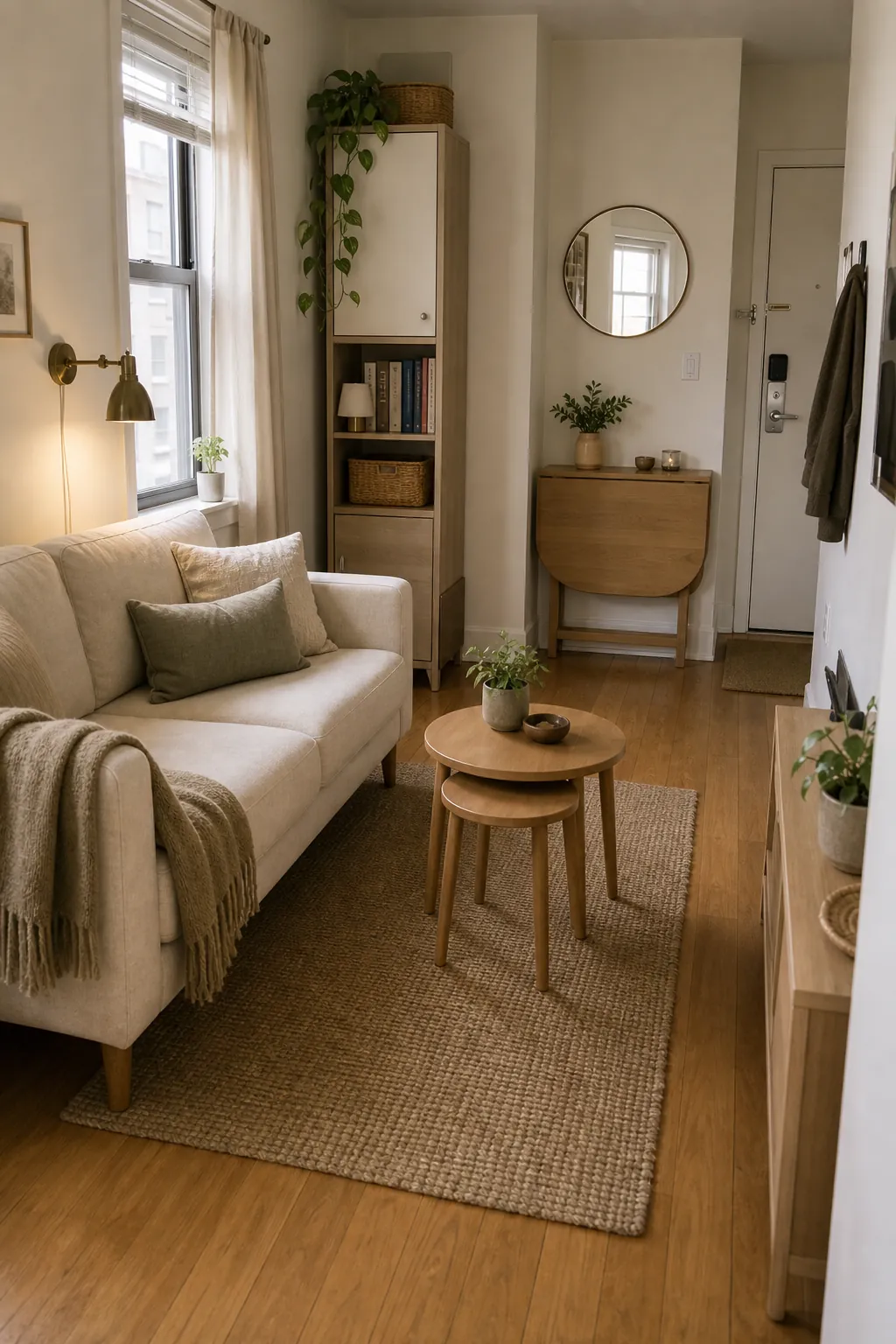 Small apartment living room with compact furniture and open floor space