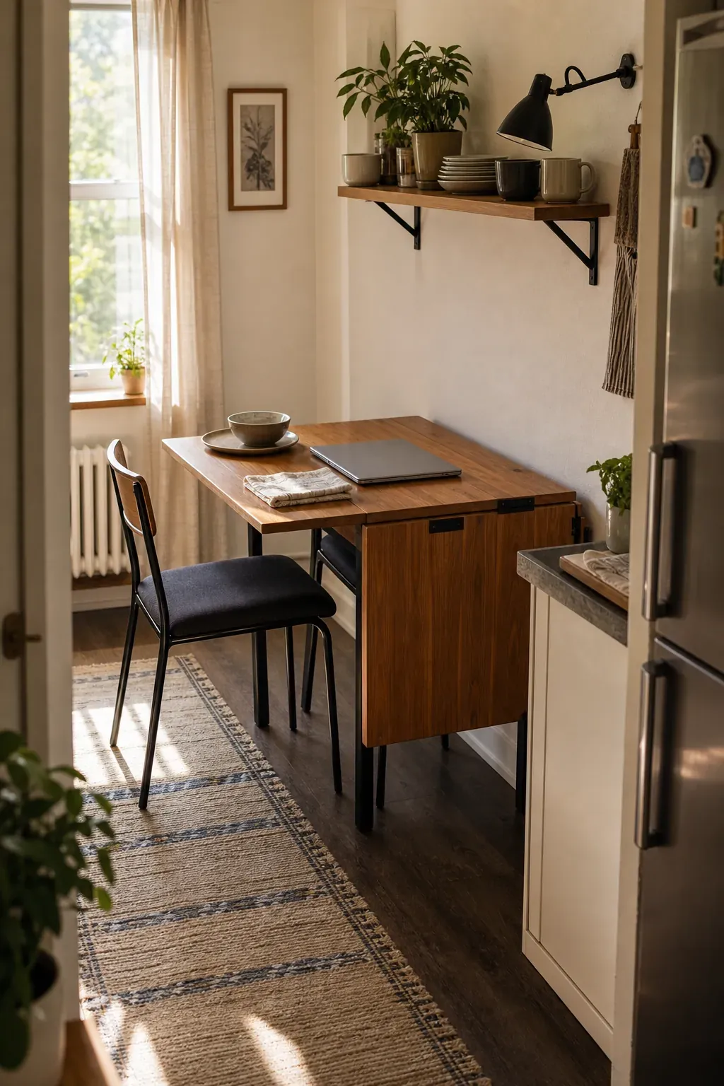 Drop leaf table used as dining table and desk in a small apartment