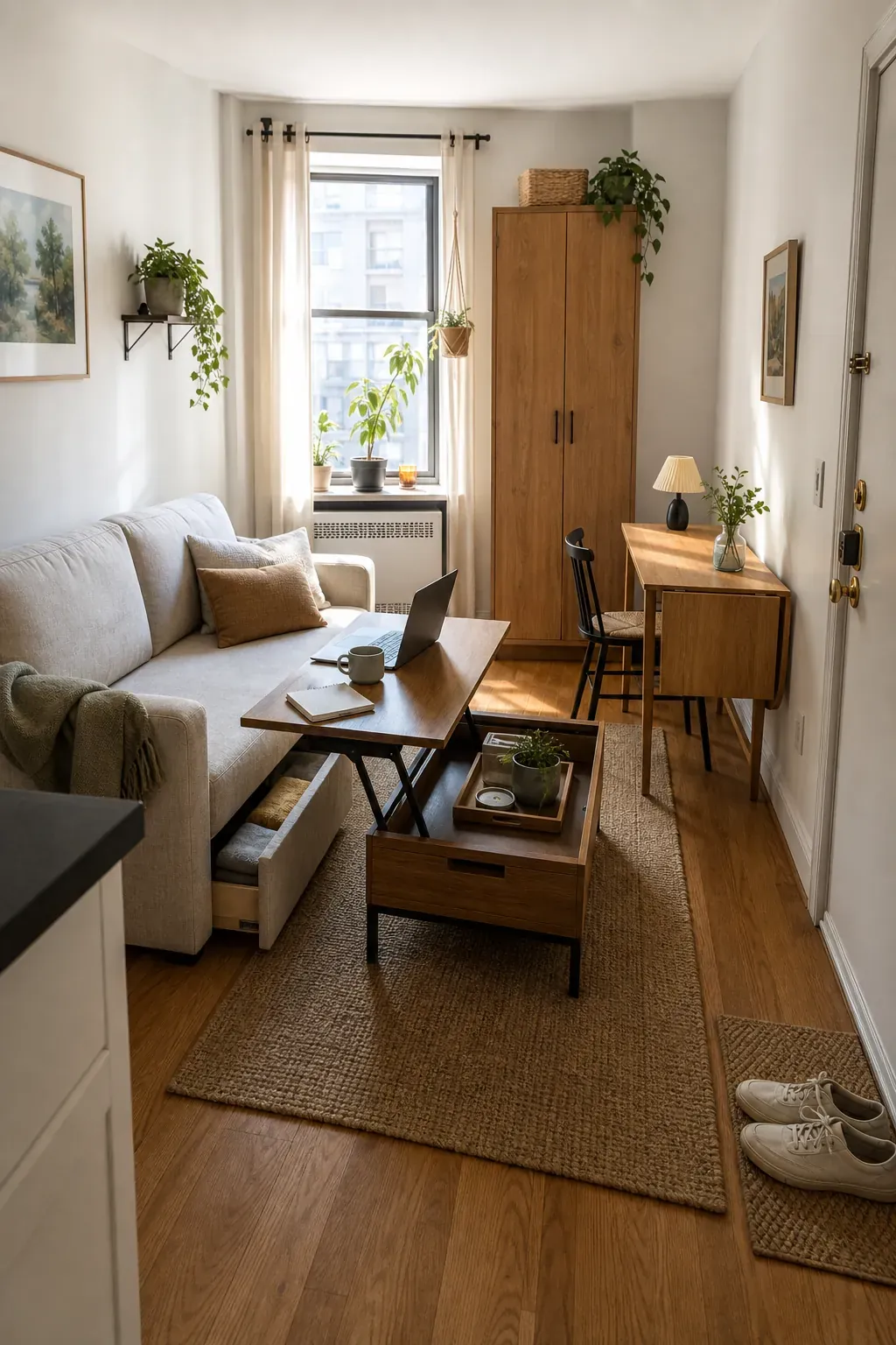 Small apartment with multifunctional furniture, hidden storage, and a flexible living layout