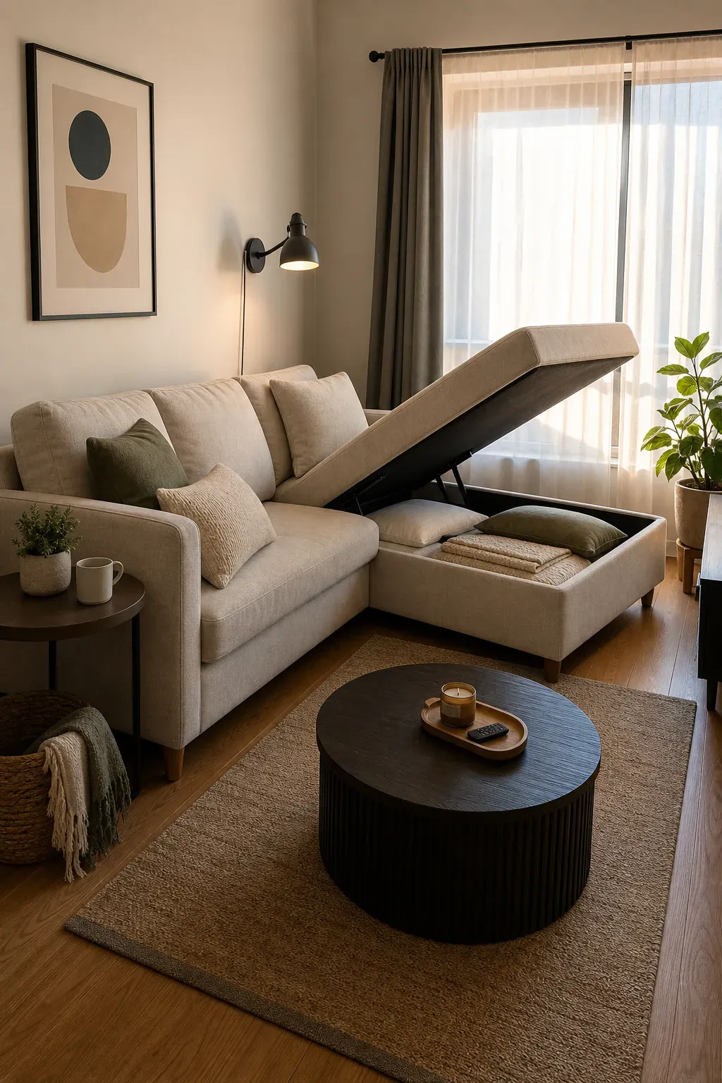 Apartment size storage sofa with lift up chaise in a compact living room