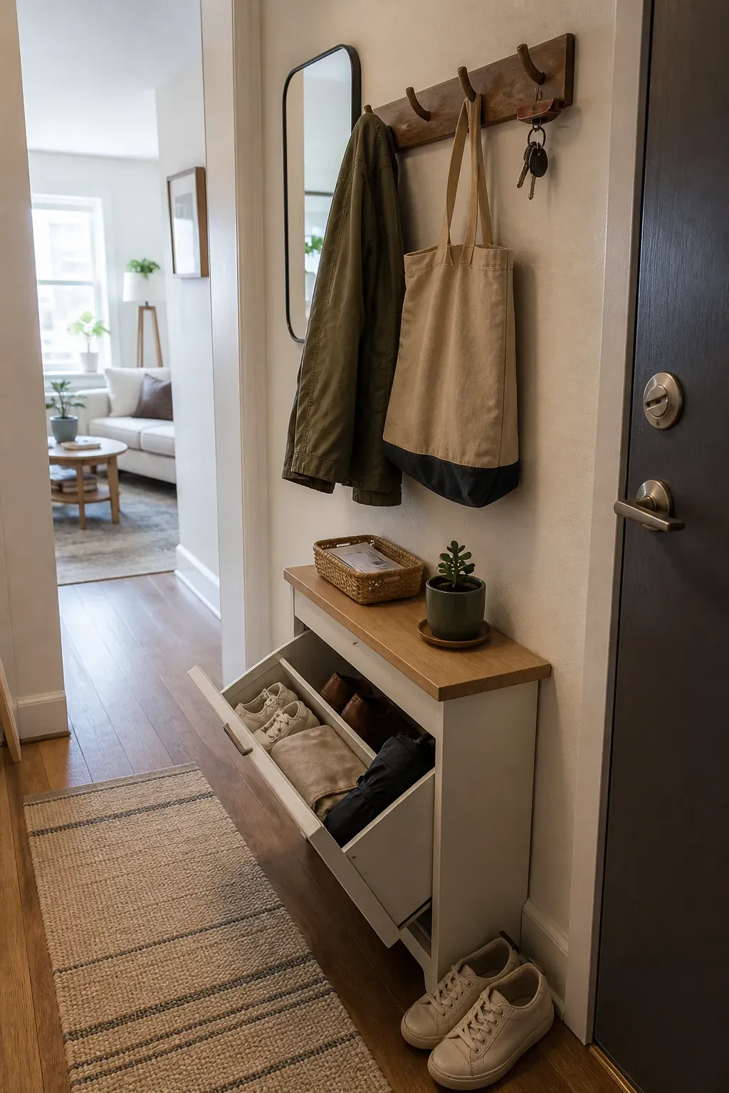 Narrow entryway bench with hidden shoe storage in a small apartment