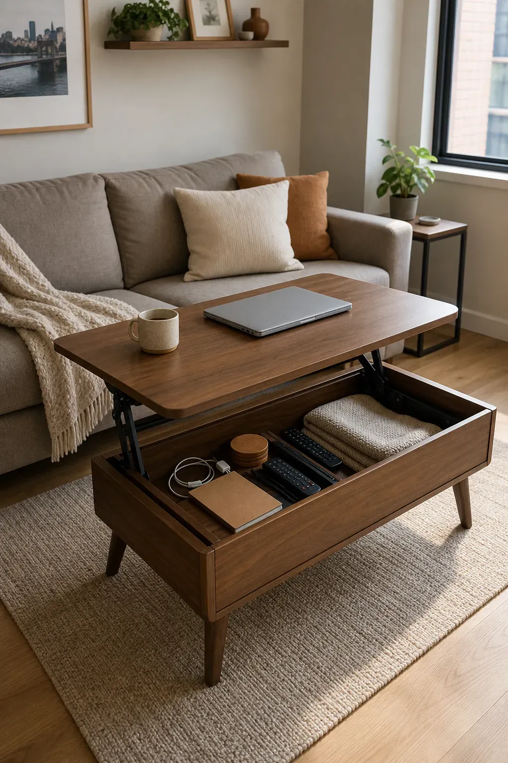 Lift top coffee table with hidden storage in a small apartment living room
