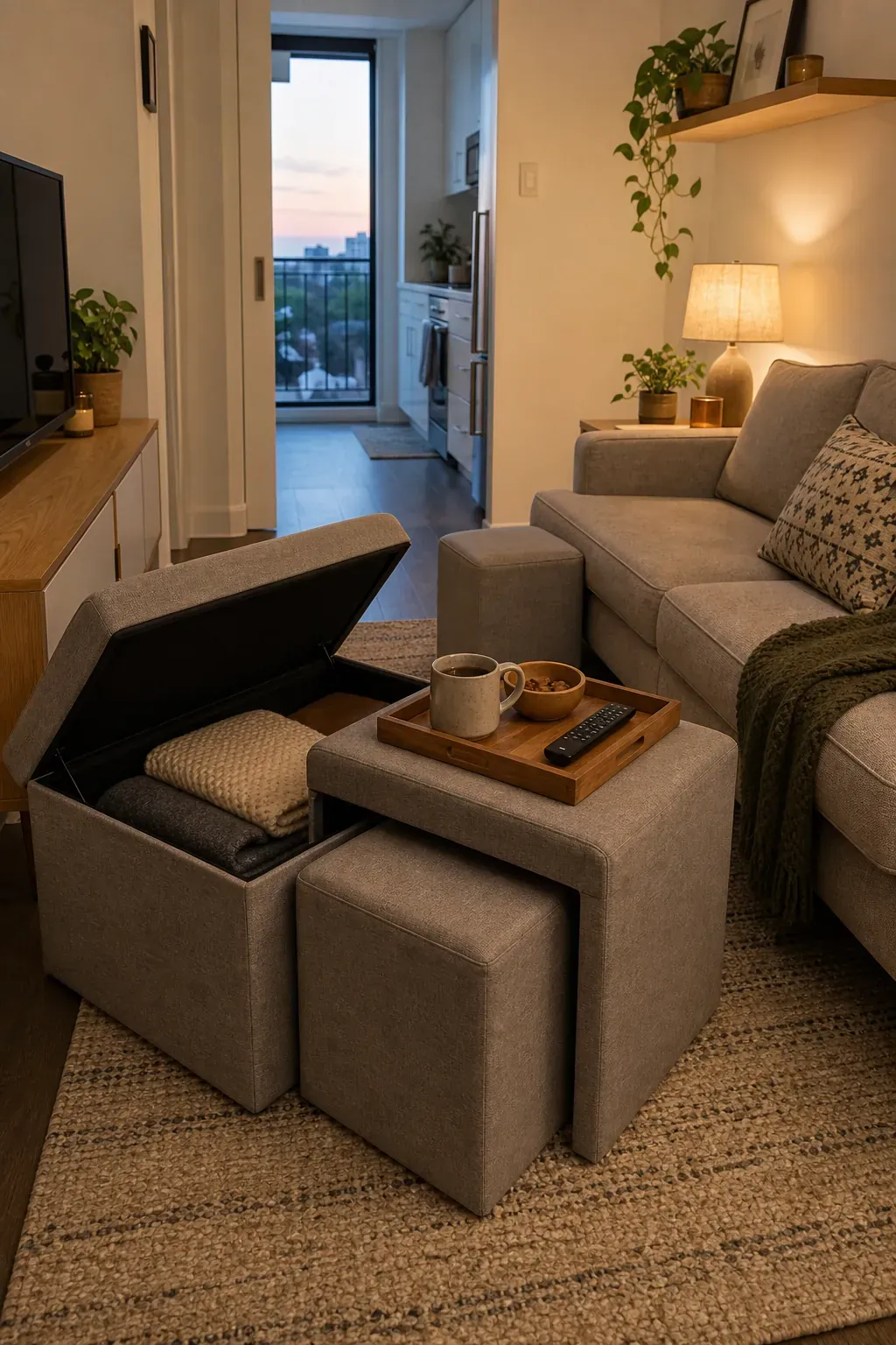 Nesting storage ottomans used as seating and tables in a small living room