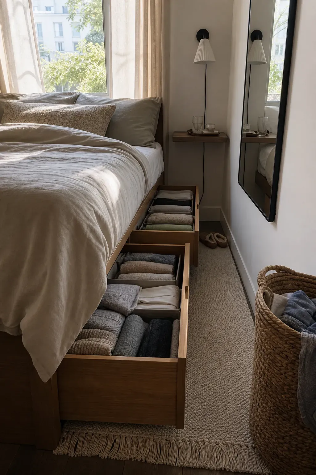Small bedroom with a storage bed and drawers beneath the mattress
