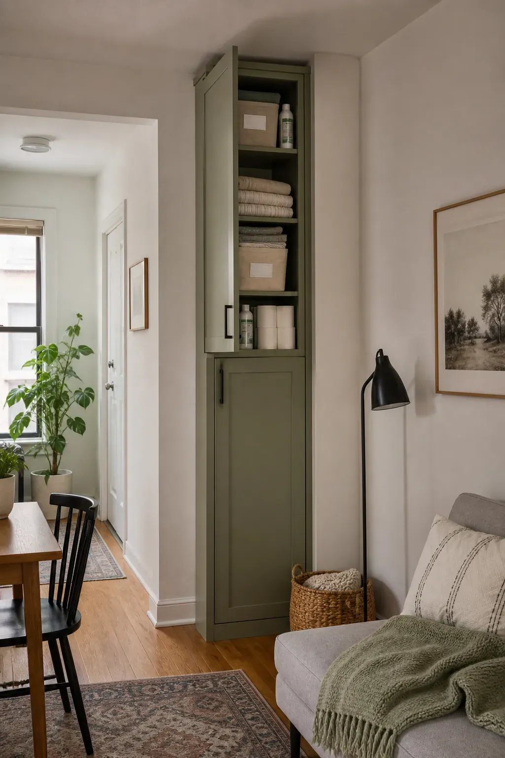 Tall closed storage cabinet in a compact apartment living room