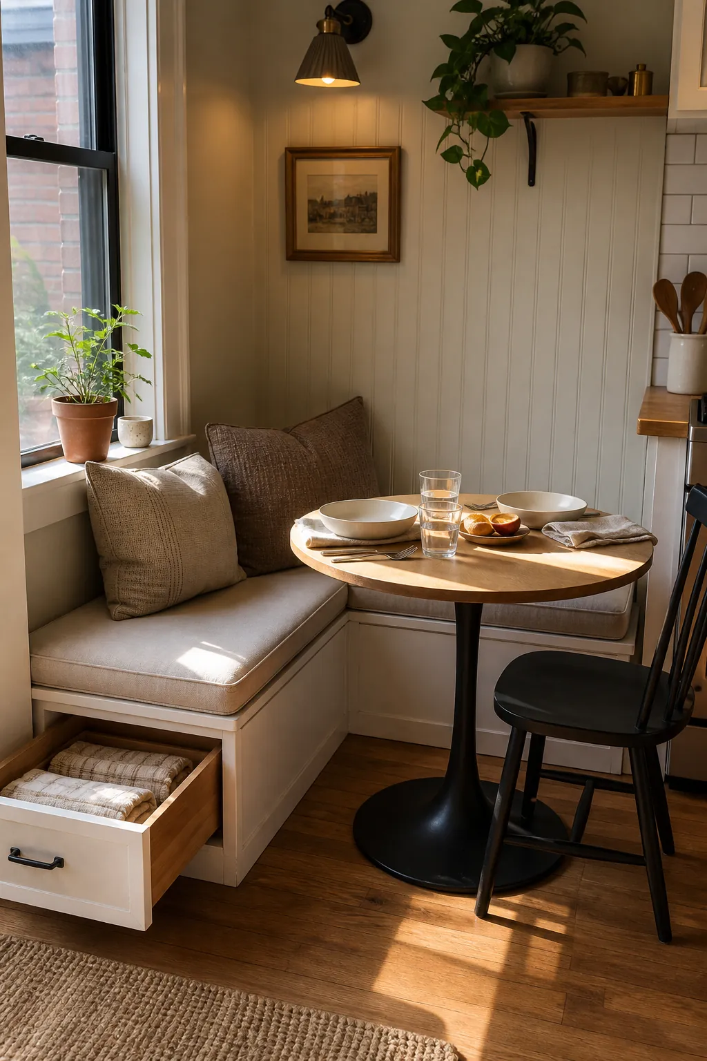 Compact banquette breakfast nook with storage bench and small round pedestal table