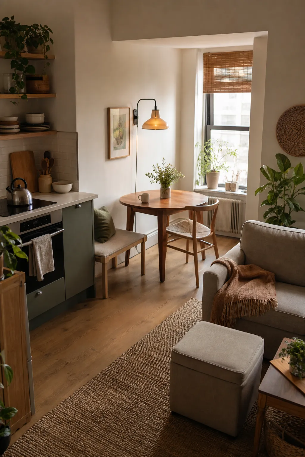 Small apartment with no dining room using a compact dining nook beside the kitchen
