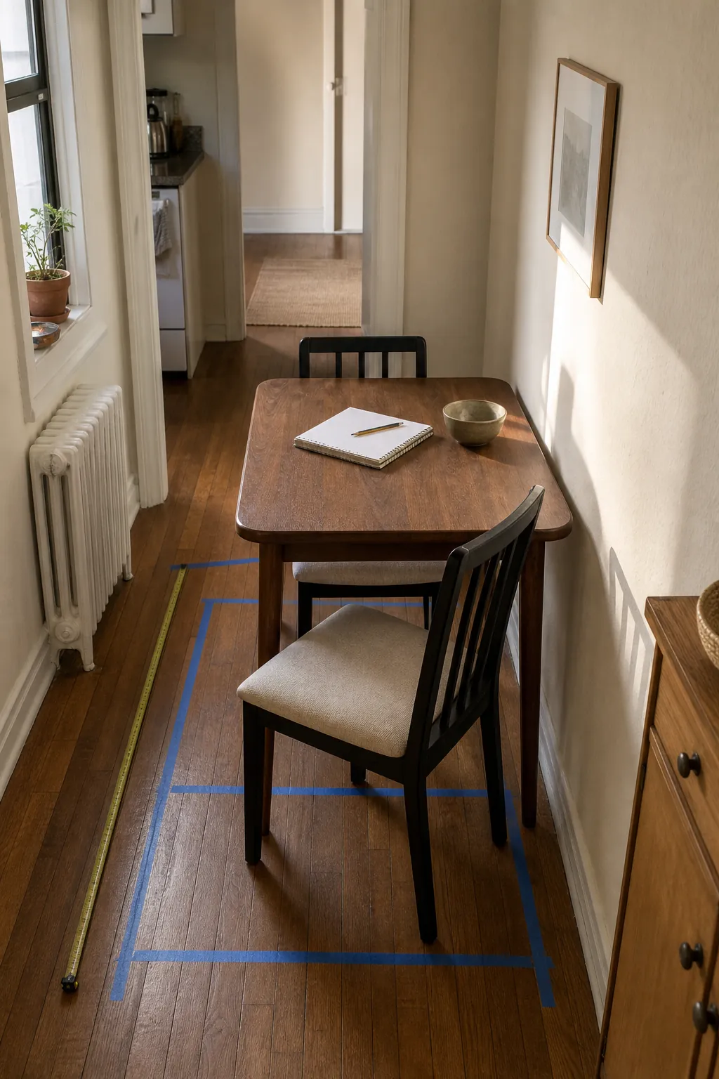 Measured small dining area in an apartment kitchen nook with compact table clearance