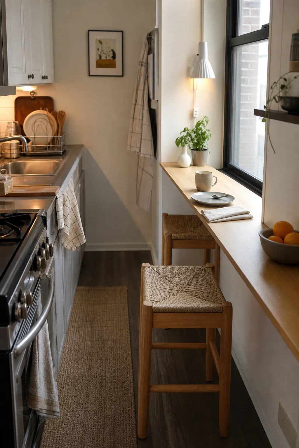Small apartment kitchen counter eating area with tuck-under stools and warm lighting