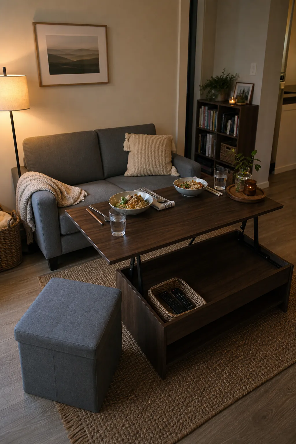 Living room small space dining setup with a lift-top coffee table and compact sofa
