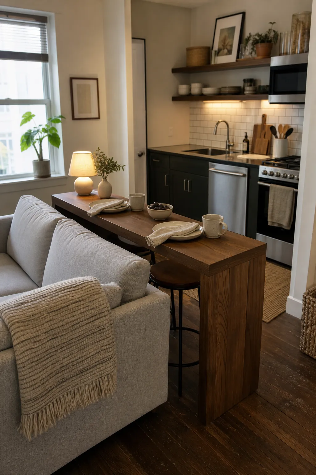 Studio apartment ideas with a slim dining console behind the sofa and defined eating area