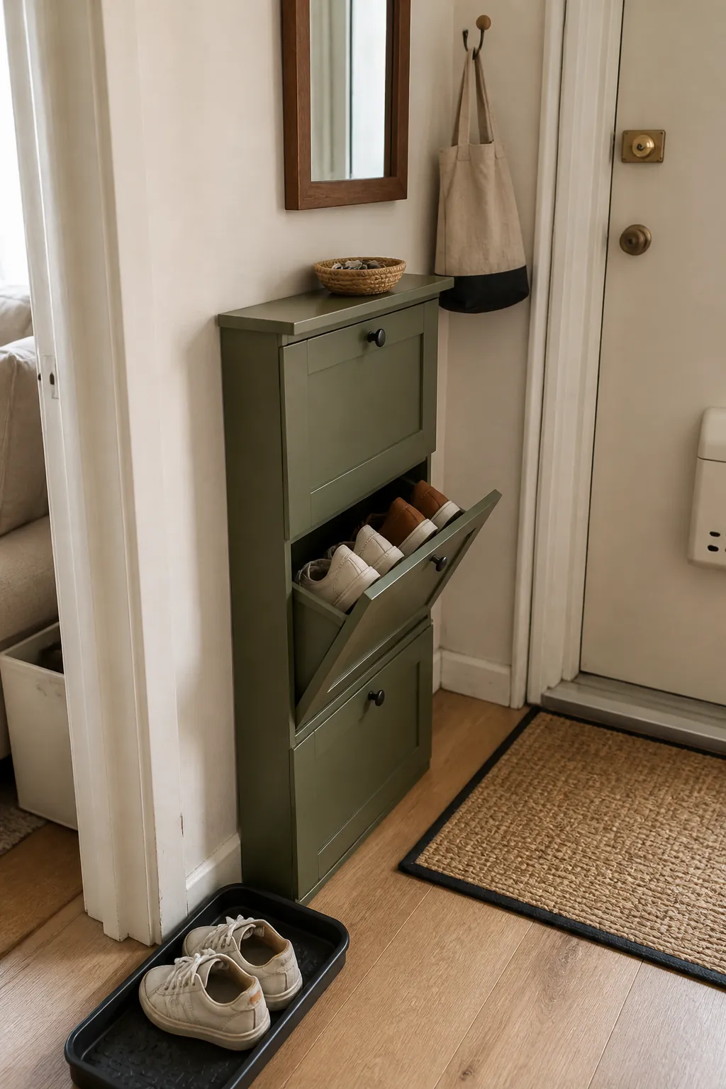 Slim shoe storage cabinet in a small apartment entryway drop zone