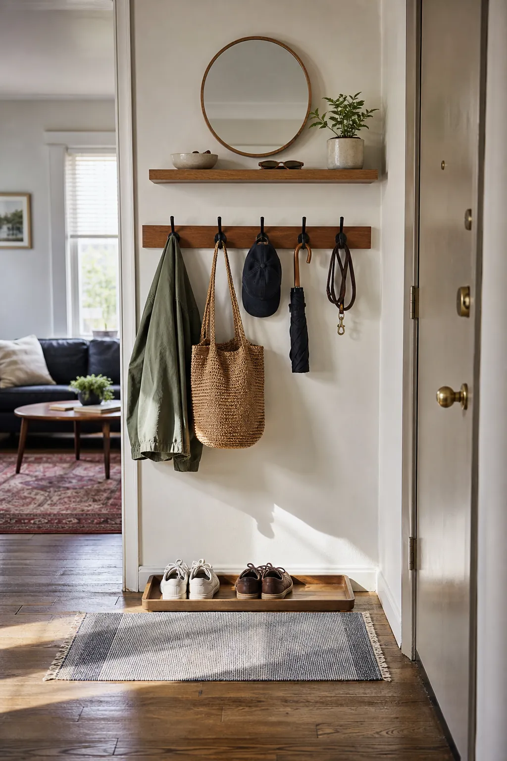 Wall hooks and a small shelf creating an organized landing zone in an apartment entryway