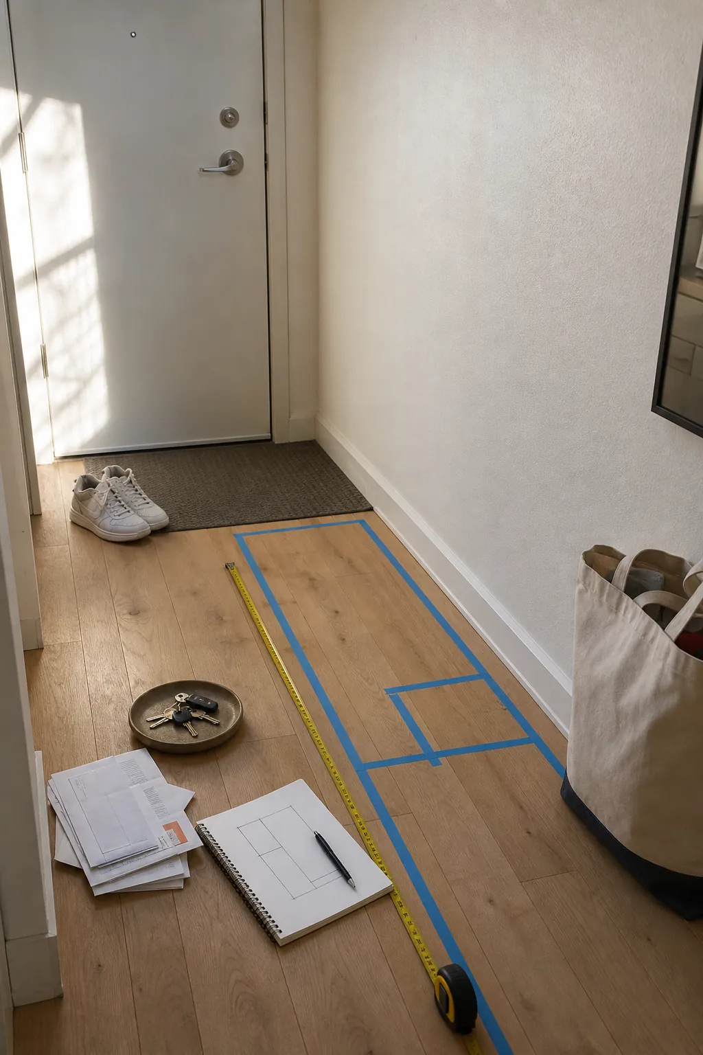 Measuring a narrow small apartment entryway before creating a drop zone