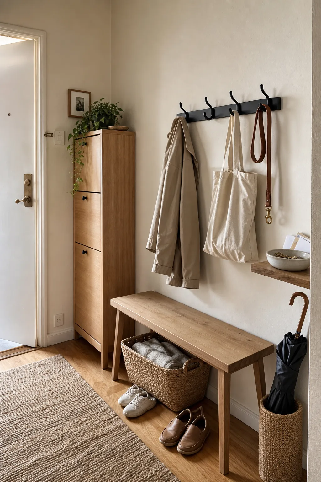 Small apartment entryway drop zone with wall hooks, shoe storage, and a compact bench