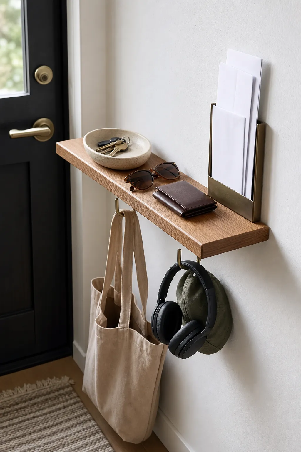 Floating shelf with key tray and mail sorter for a small apartment drop zone