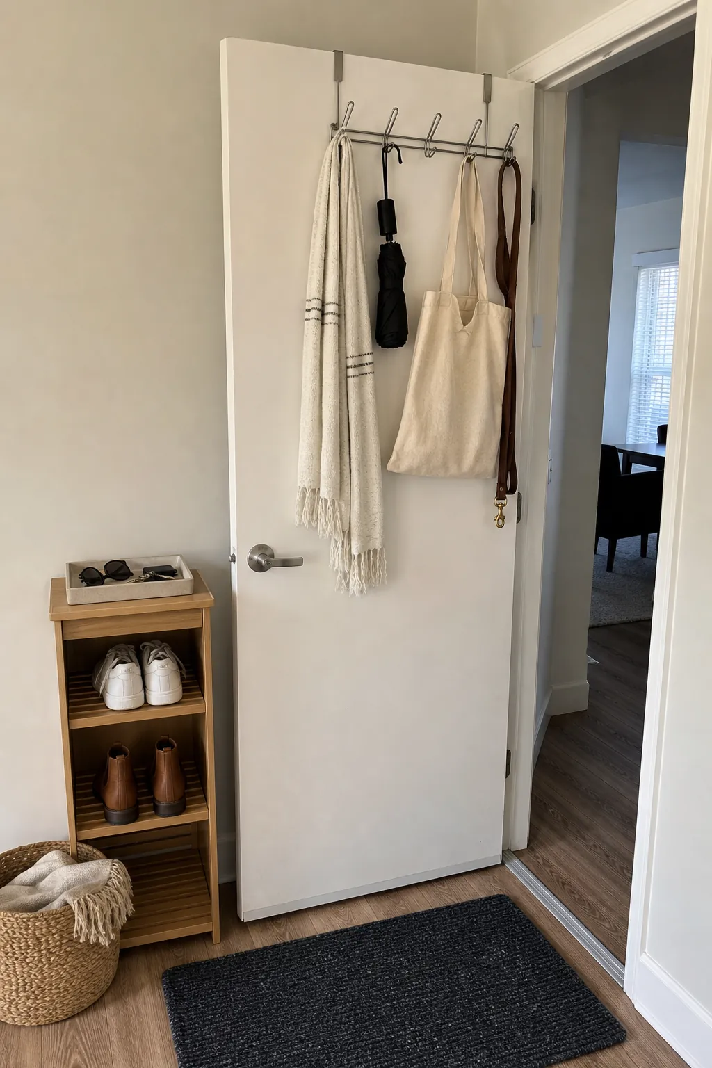 Renter friendly over door drop zone storage in a small apartment entry
