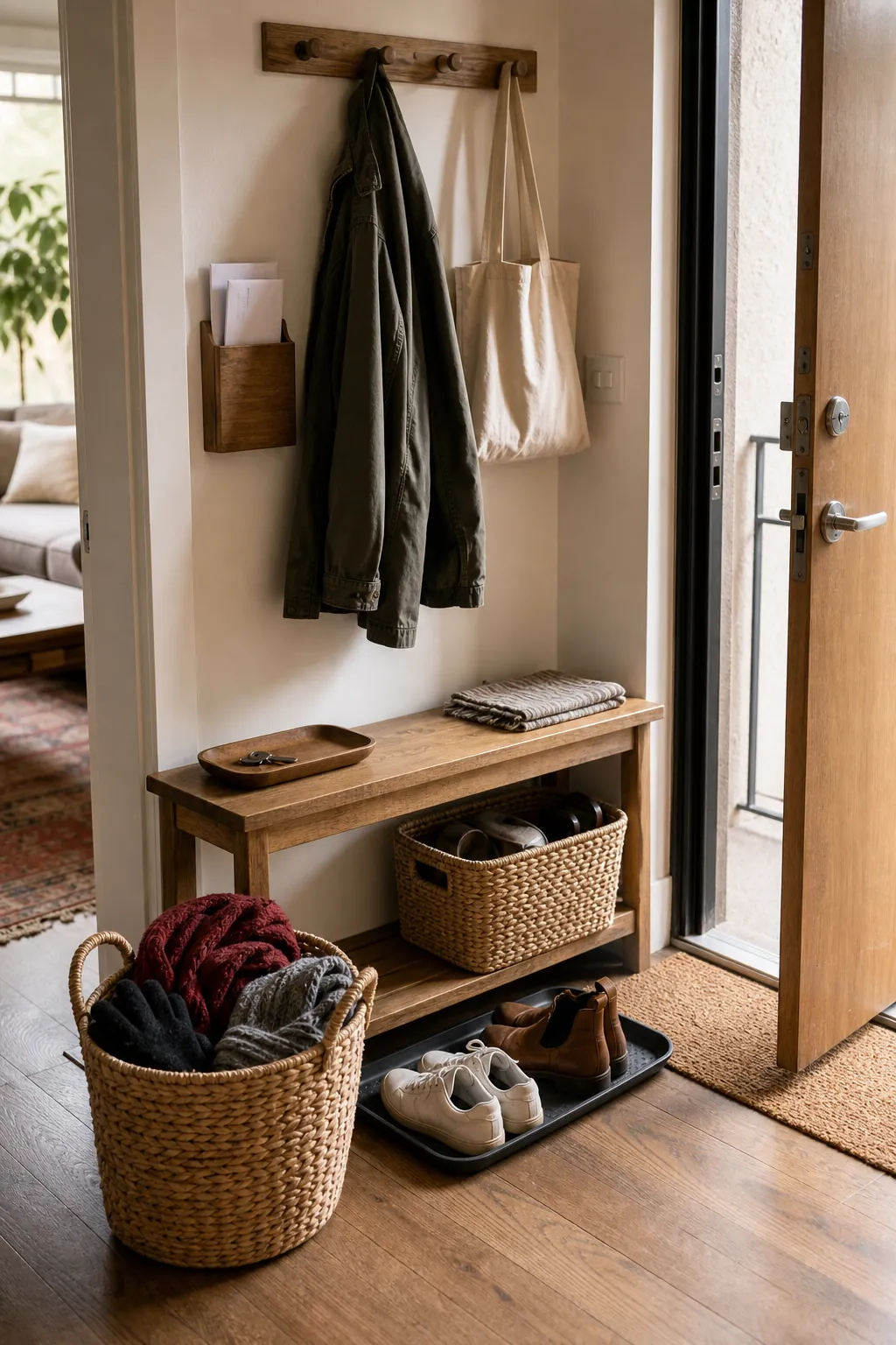 Seasonal reset baskets keeping a small apartment entryway drop zone organized