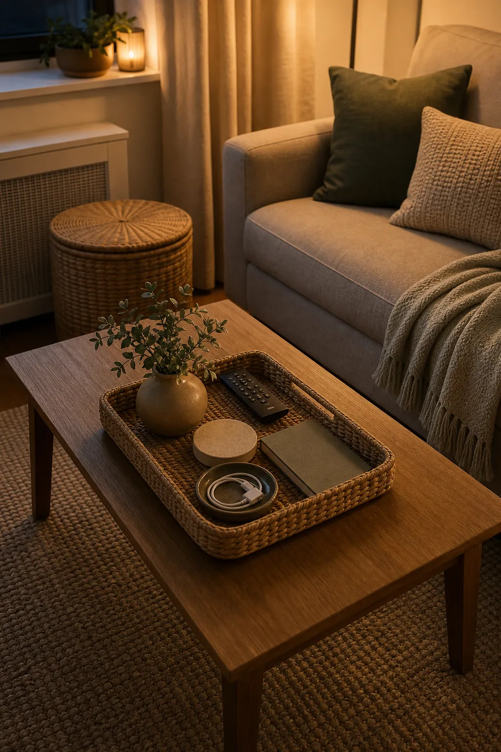 Decluttered coffee table in a cozy small apartment living room with simple storage