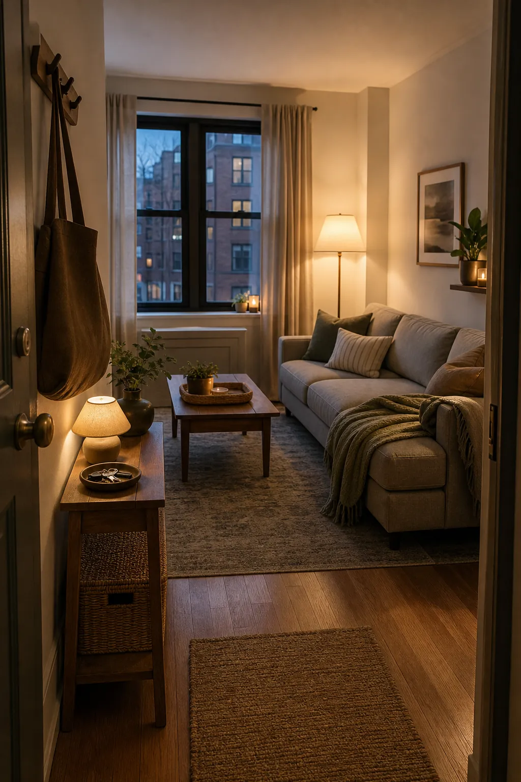 Calm small apartment living room after work with soft lighting and neutral decor