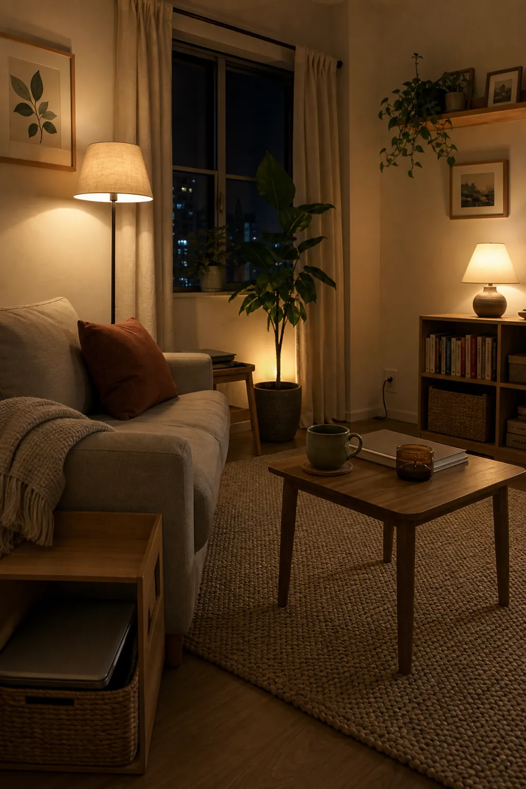 Small apartment living room with layered soft lighting after work