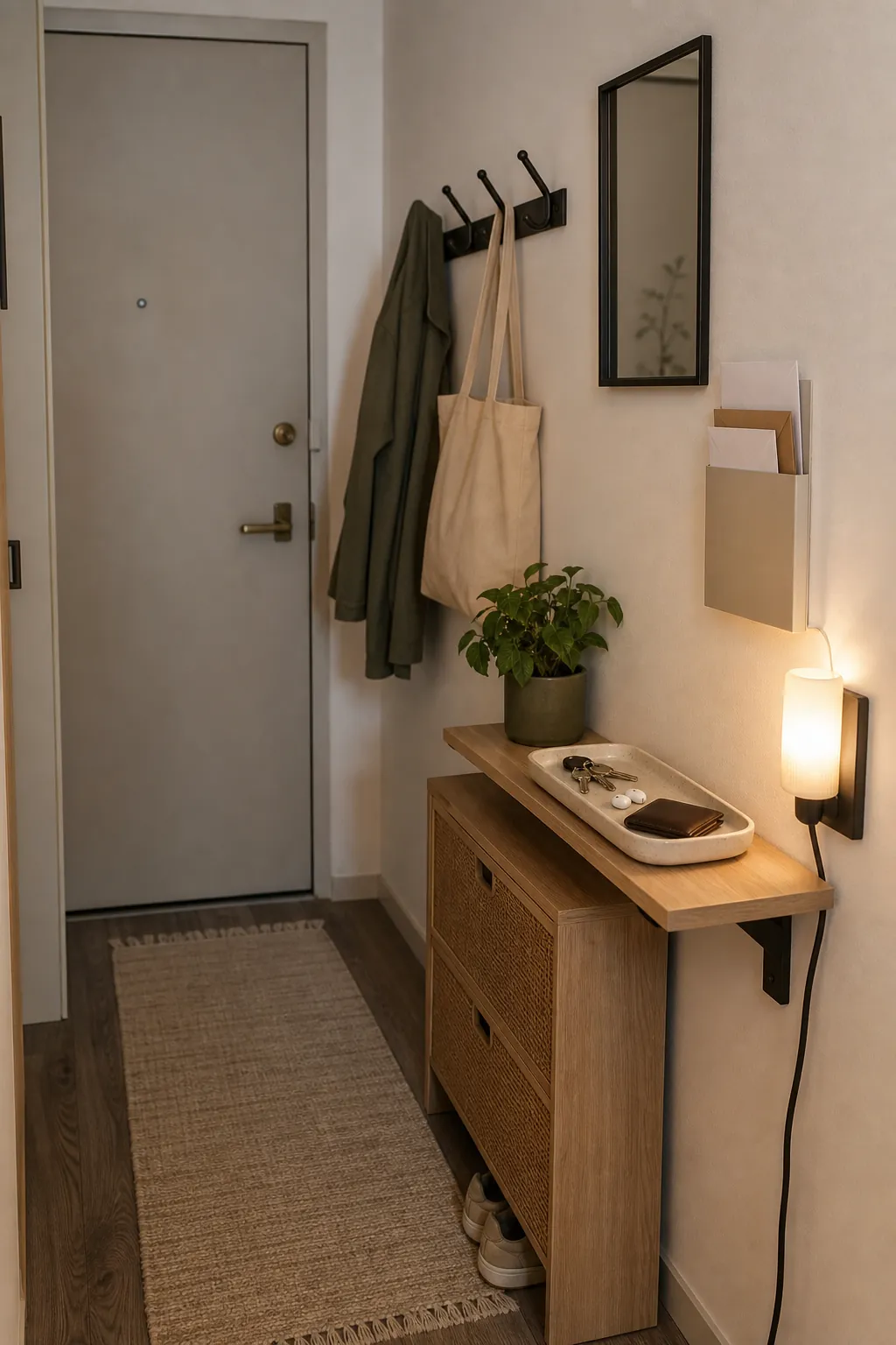 Calm small apartment entryway with a tidy reset zone for keys, shoes, and a warm lamp