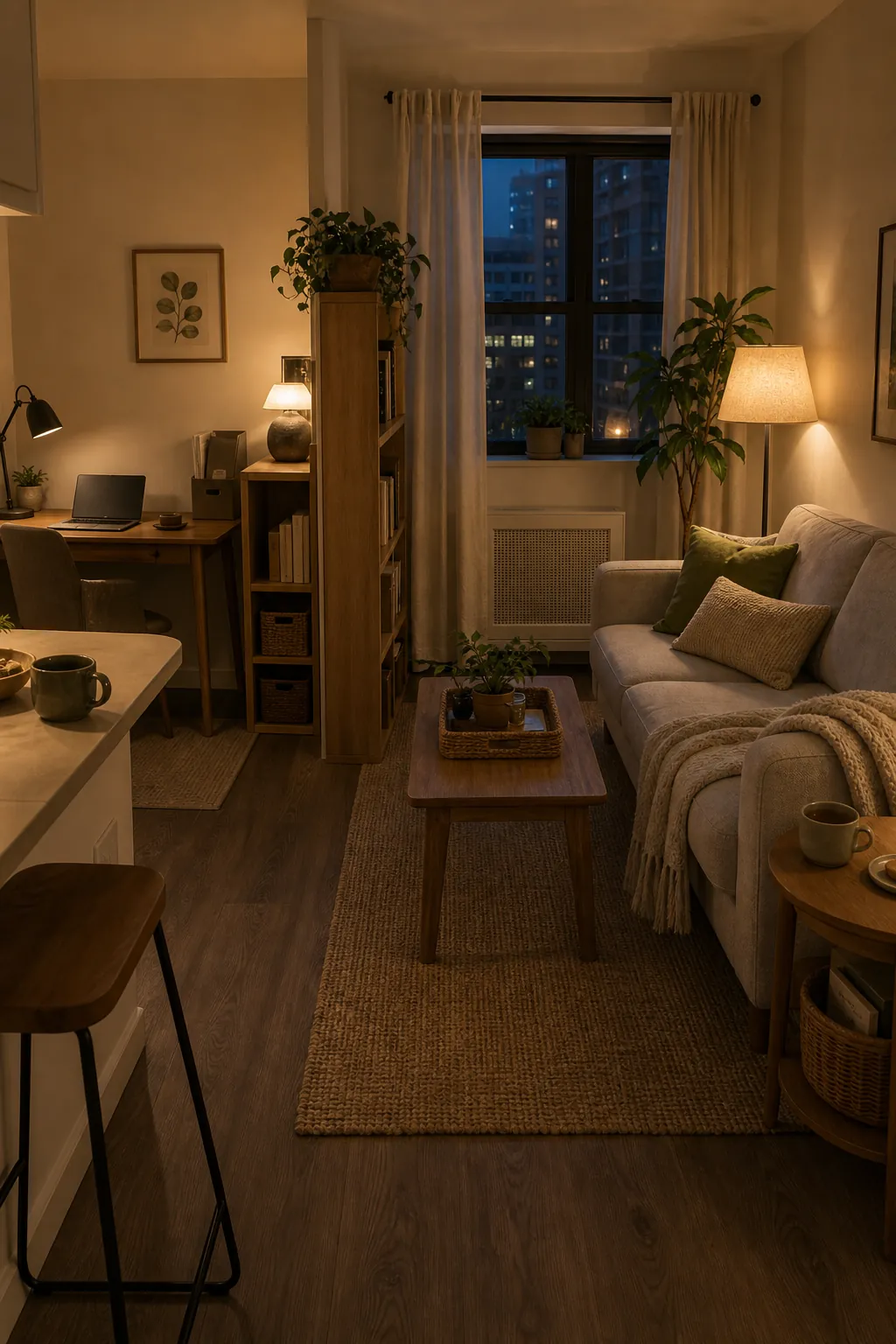 Small living room arranged into a calm after work zone with sofa, rug, and tucked away desk