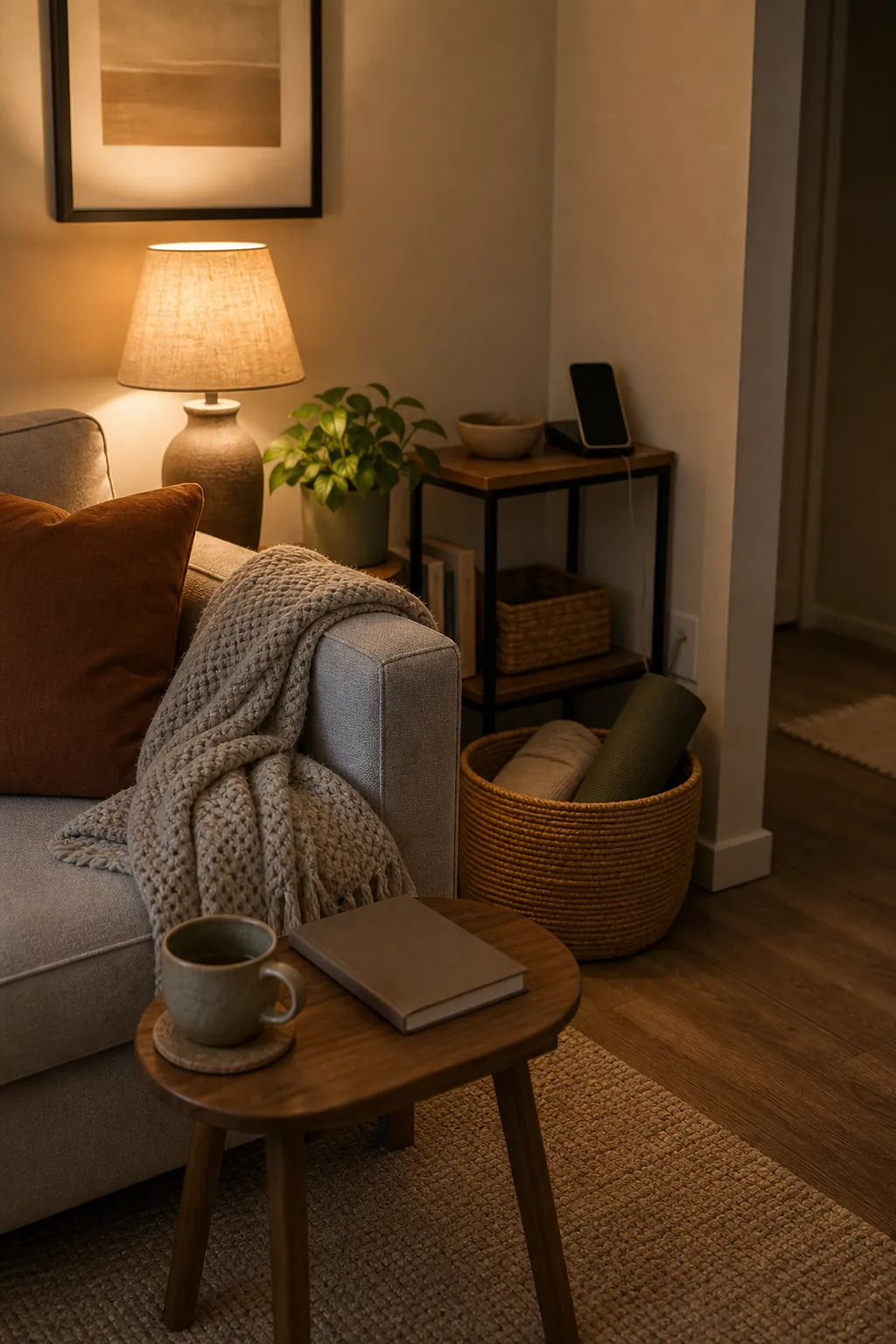 Relaxing home evening corner with tea, blanket, book, and soft warm lighting