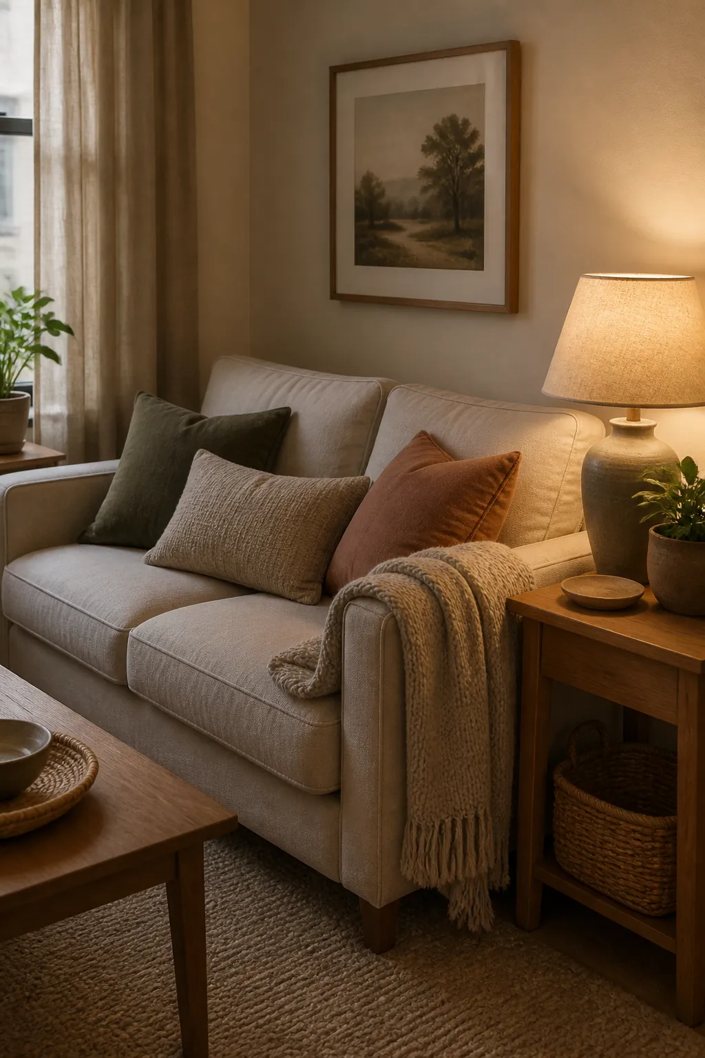 Cozy apartment sofa with neutral decor, textured pillows, and natural materials