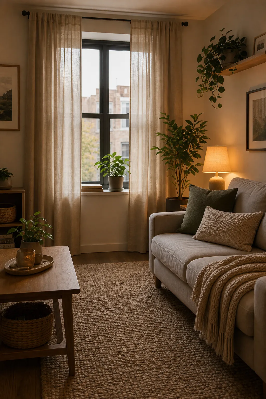 Renter friendly curtains, large rug, and plants warming up a compact apartment living area