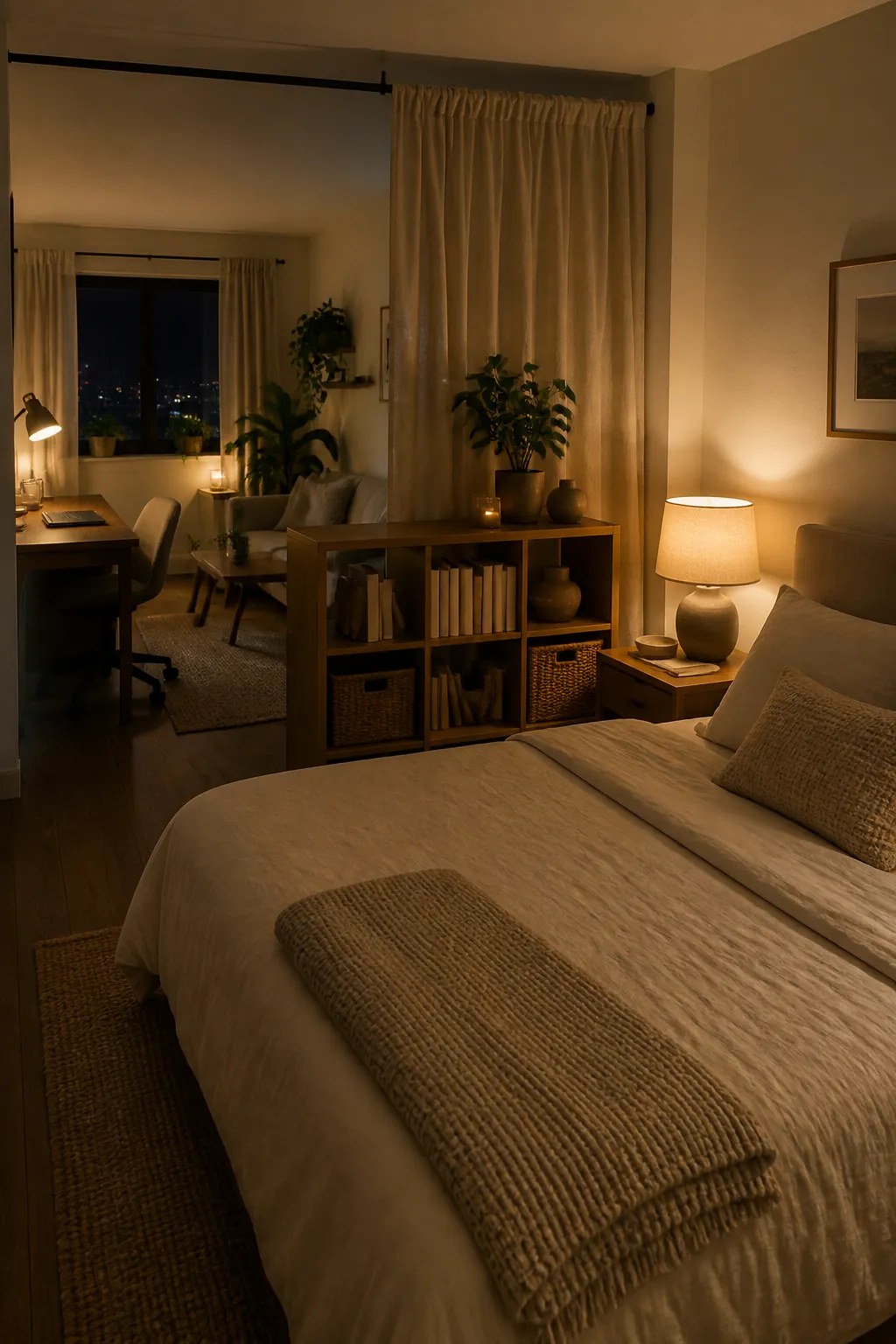 Calm home decor in a studio apartment with a soft sleeping zone and warm bedside light