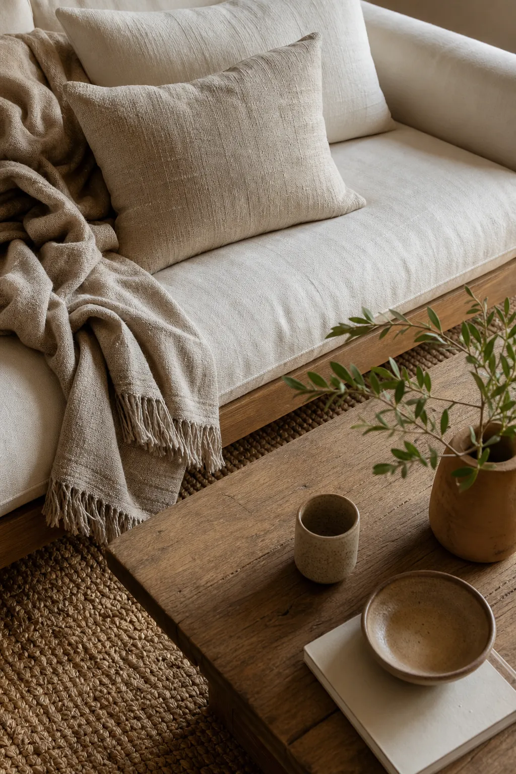 Close-up of layered linen throws, pillows, ceramic decor, and woven rug textures in a cozy living room